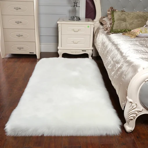 White Rectangle Soft Shaggy Carpet Faux Fluffy Rugs Fur Mat